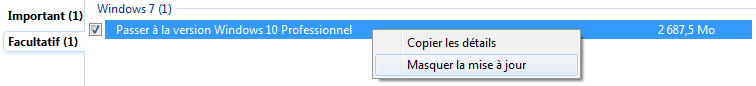Masquer la mise à jour Windows 10