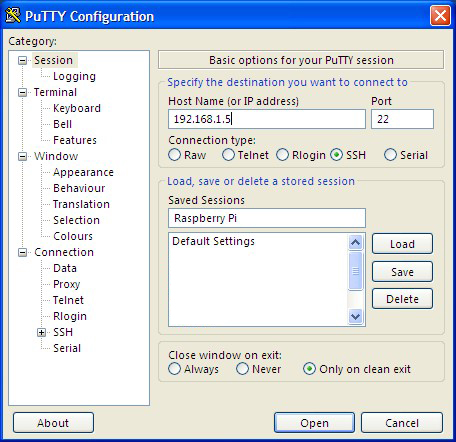 PuTTy paramétré pour le Raspberry Pi