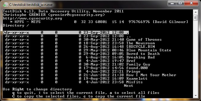 TestDisk - Sélection d'un fichier/dossier à récupérer